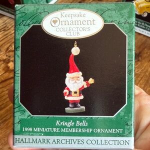 Miniature Hallmark Kringle Bells Santa Ornament - Red and White, dated 1998